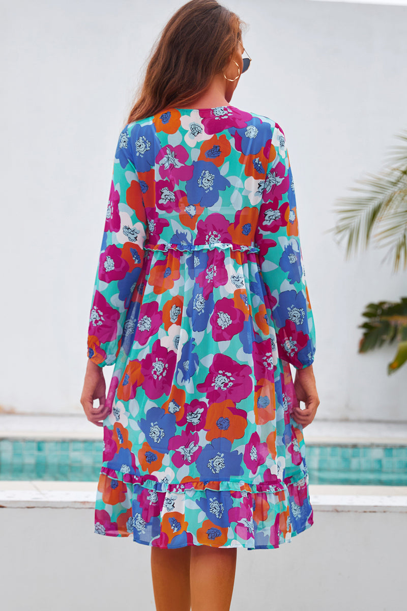 Hazel Blues® |  Printed Long Sleeve Tie Front Cover Up