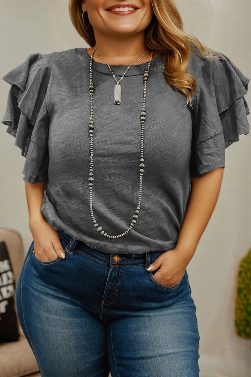 Hazel Blues® | Dark Grey Double Ruffled Short Sleeve Top