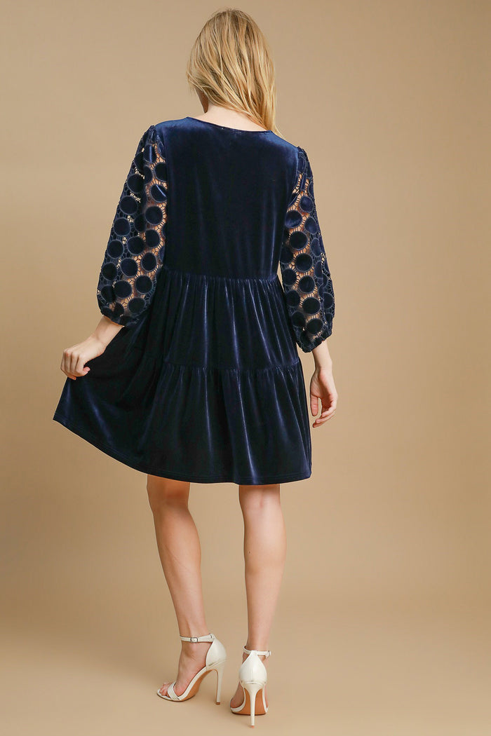 Hazel Blues® |  Umgee Dotted Lace Sleeve Tiered Velvet Mini Dress