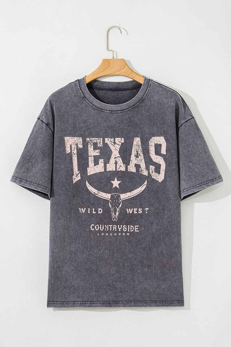 Hazel Blues® |  Medium Grey TEXAS Steer Head Graphic Mineral Wash Oversized T Shirt