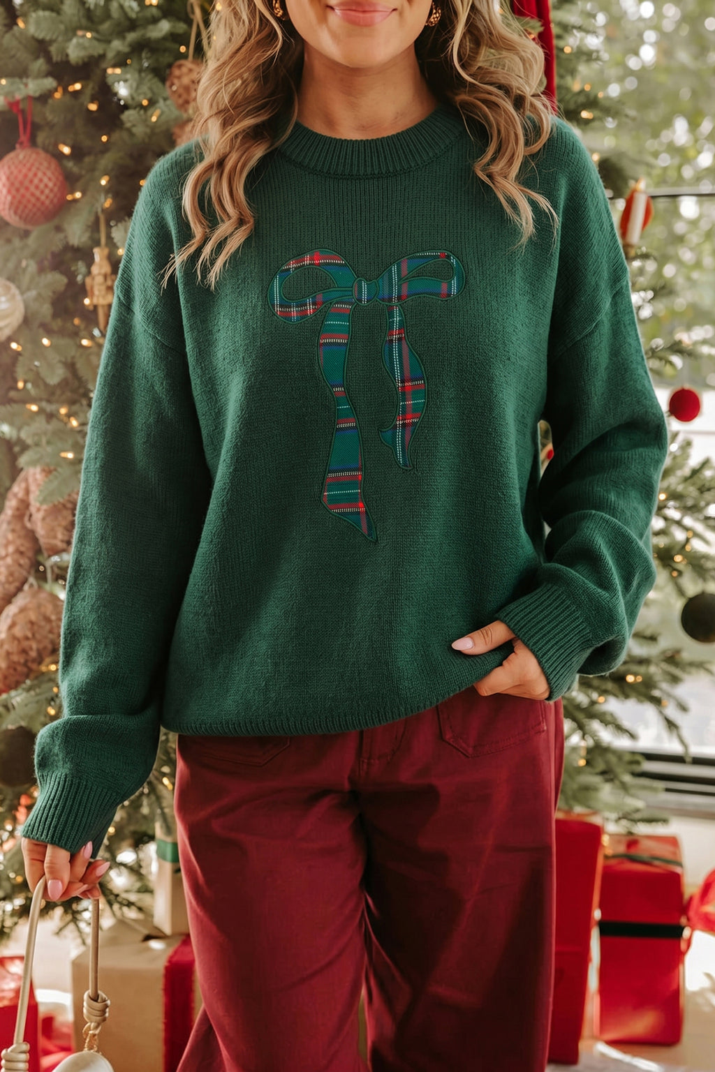 Maisie Beth Dark Green Christmas Bow Plaid Sweater