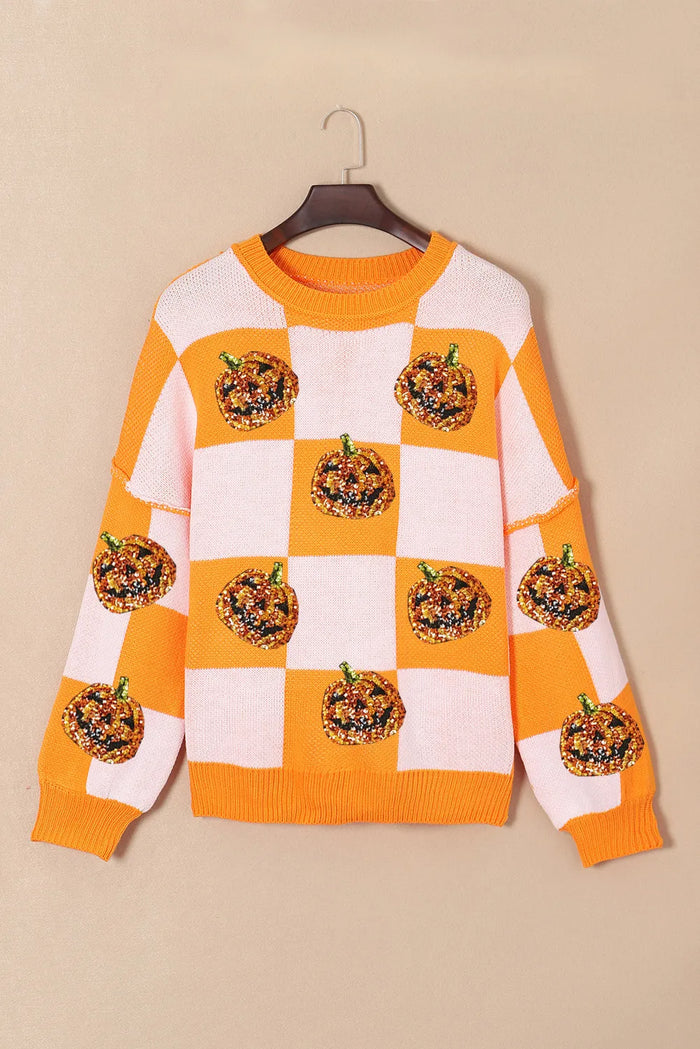 Hazel Blues® |  Pumpkin Checkered Round Neck Long Sleeve Sweater