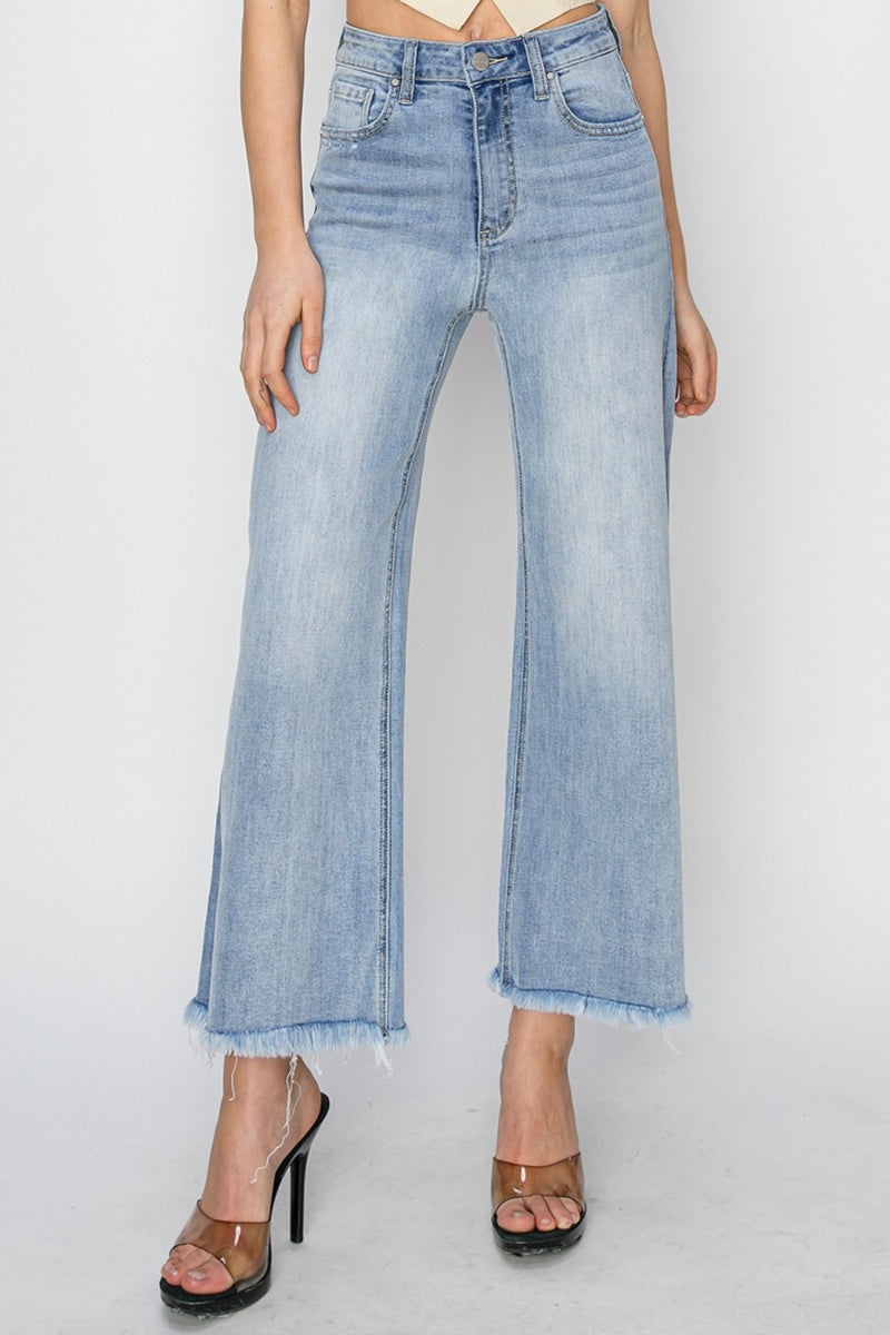 Hazel Blues® |  RISEN High Rise Crop Wide Fray Hem Jeans