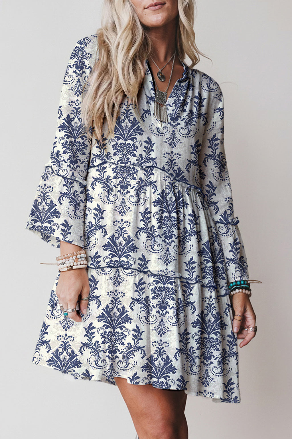 Print Lettuce Boho Floral Trim 3 4 Sleeve Mini Dress | Floral Dress