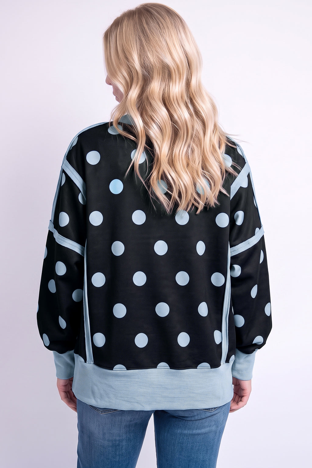 Sophie Jane Black Polka Dot Contrast Patchwork Round Neck Baggy Sweatshirt