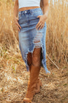 Hazel Blues® |  Myosotis Irregular Distressed Bottom Denim Midi Skirt