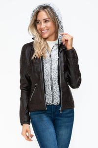 Hazel Blues® |  YMI Faux Layered Double-Zipper Jacket with Fuzzy Hood