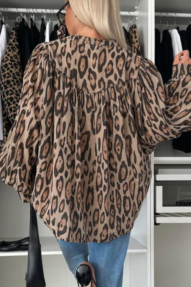 Hazel Blues® |  Leopard Notched Long Sleeve Blouse