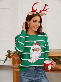 Hazel Blues® |  Sequin Santa Striped Round Neck Long Sleeve Sweater