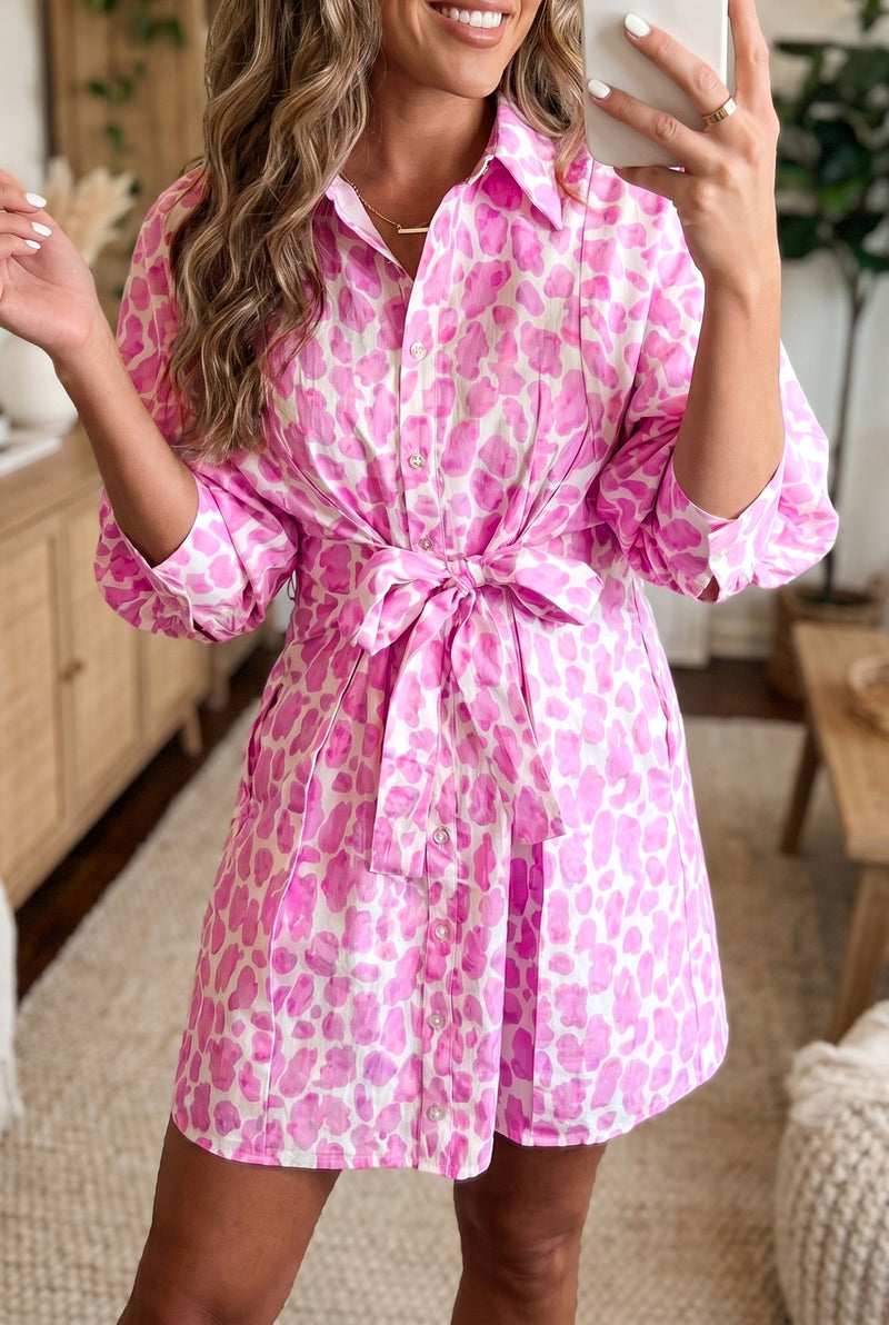 pink leopard print shirt dress Preslie Poplin Shirt Dress
