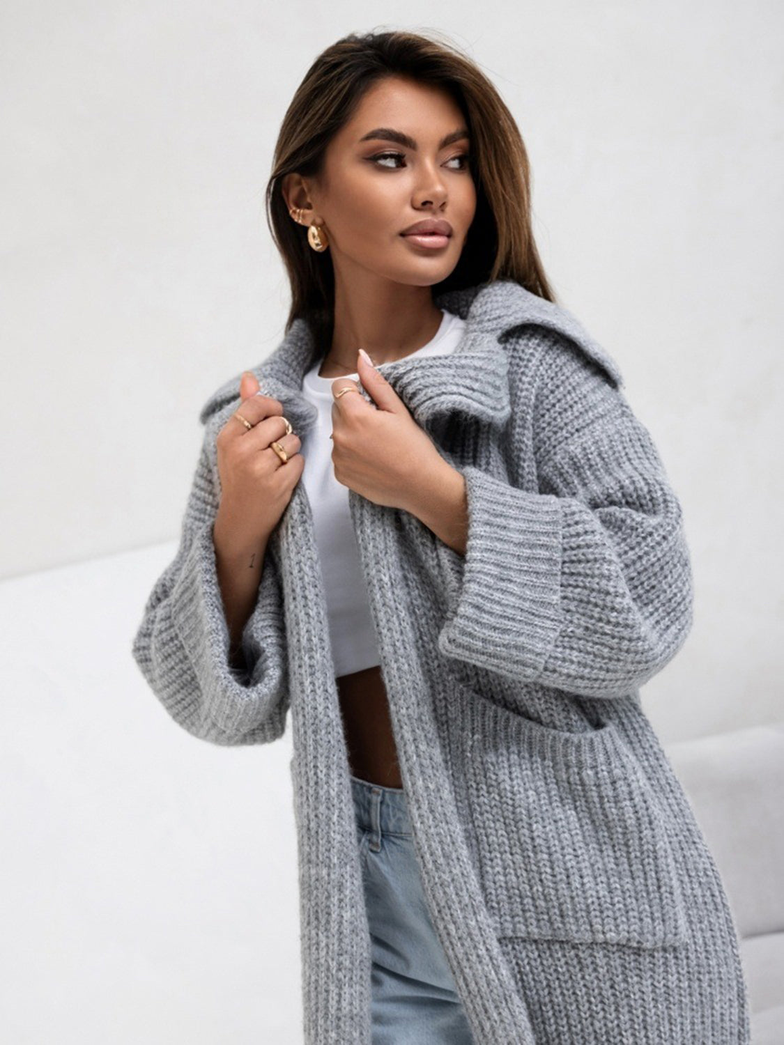 Hazel Blues® |  Pocketed Collared Neck Dropped Shoulder Cardigan