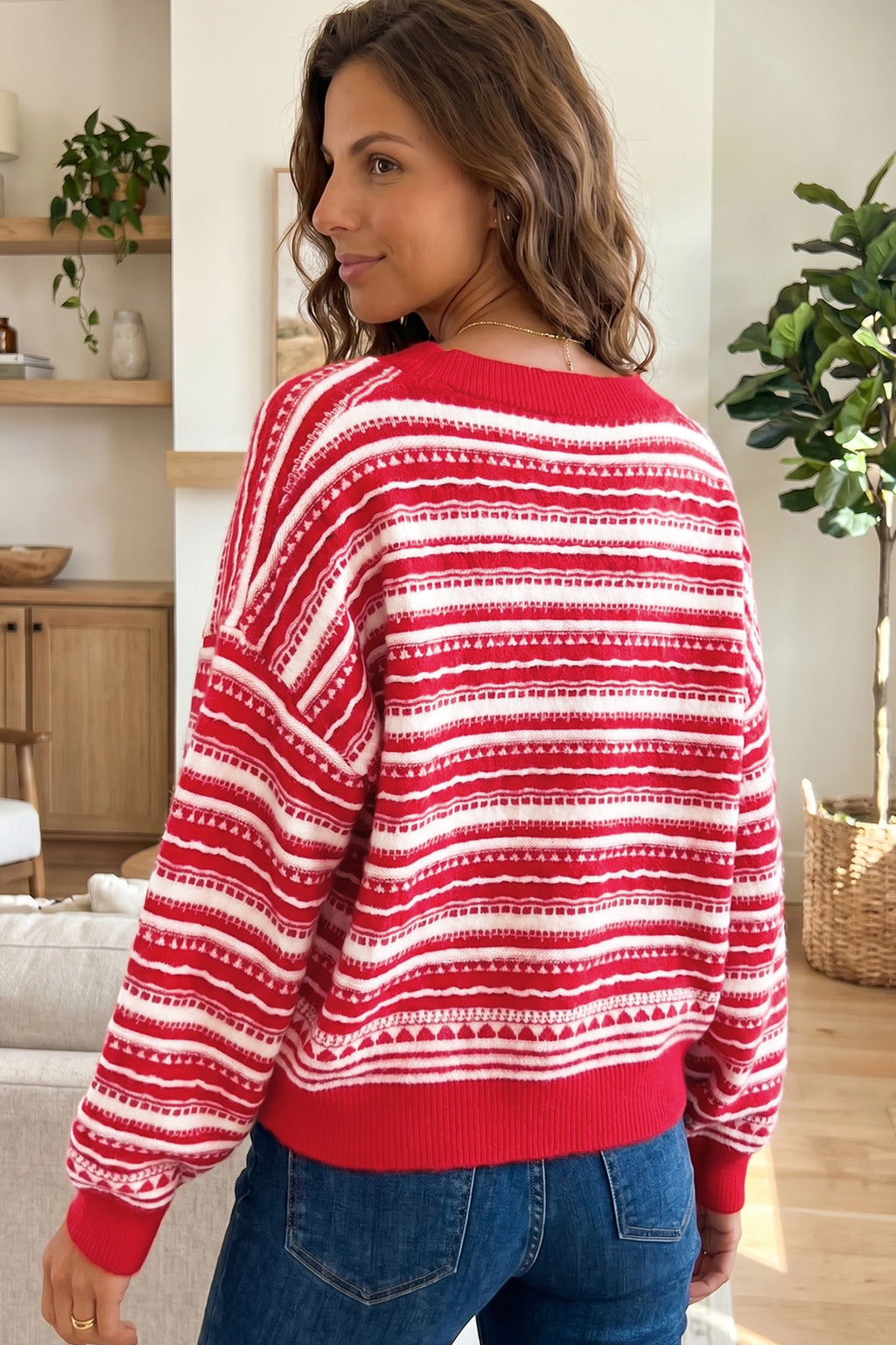 Everly Hope Red Geometric Striped Pattern V-Neck Button Front Casual Knit Cardigan