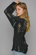 Hazel Blues® |  POL Distressed Dropped Shoulder Long Sleeve Knit Top
