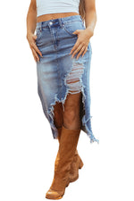 Hazel Blues® |  Myosotis Irregular Distressed Bottom Denim Midi Skirt