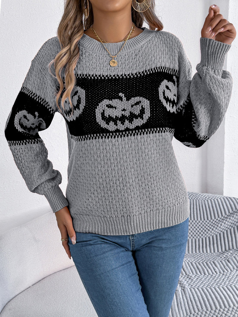 Hazel Blues® |  Pumpkin Round Neck Long Sleeve Sweater