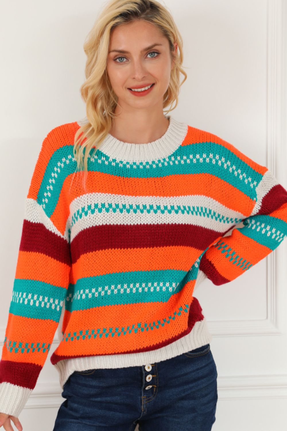 Hazel Blues® |  Contrast Striped Round Neck Long Sleeve Sweater