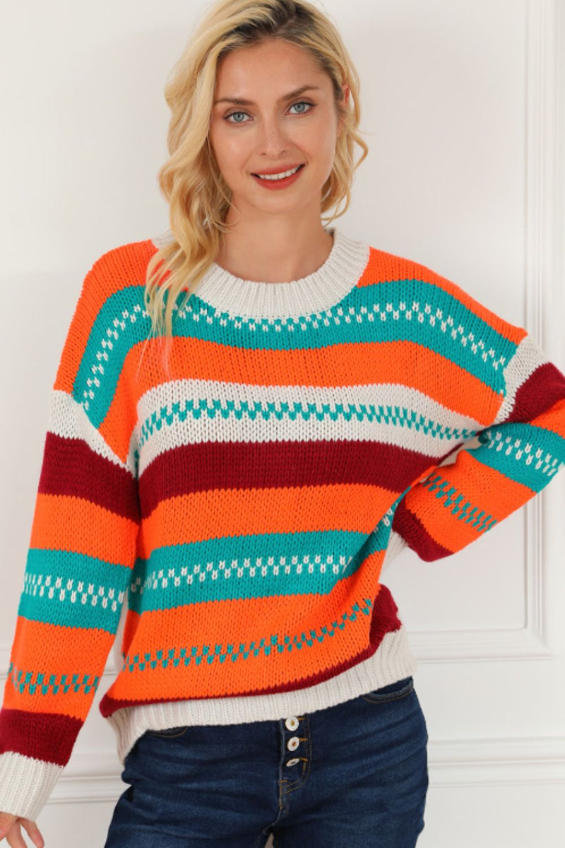 Contrast Striped Round Neck Long Sleeve Sweater