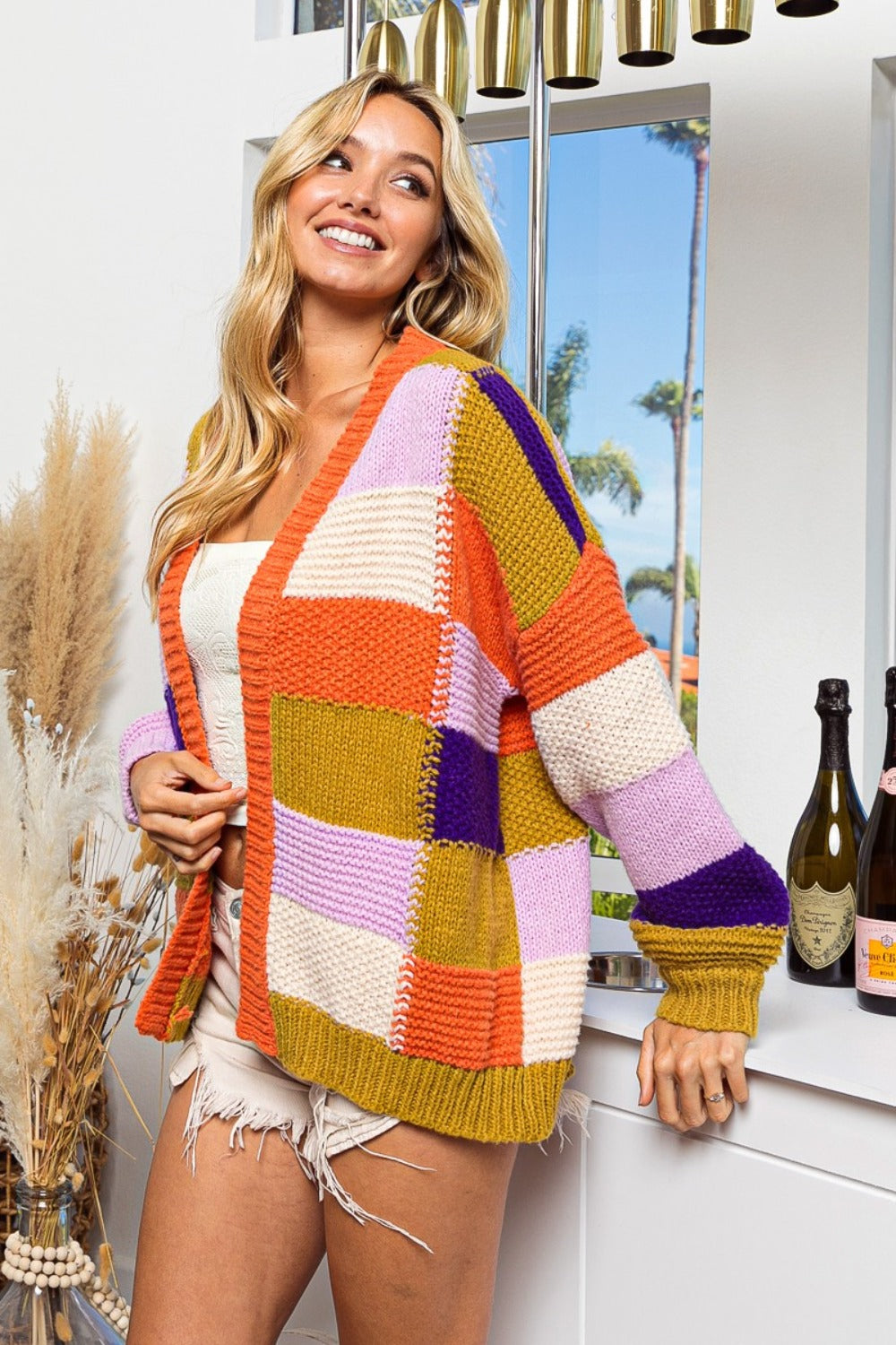 Hazel Blues® |  BiBi Checkered Color Block Sweater Cardigan