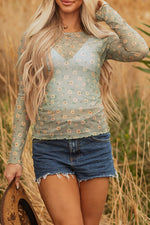 Hazel Blues® |  Laurel Green Vintage Floral Print Southern Style Mesh Long Sleeve Top