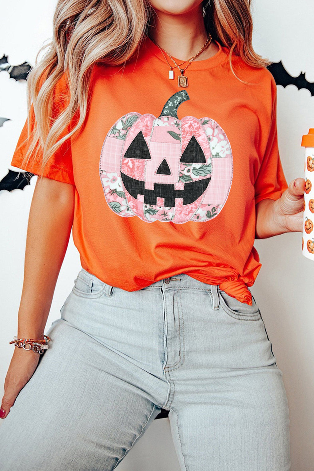 Lila Jane Orange Patchwork Pumpkin Graphic Short-Sleeve Round Neck Tee