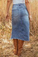 Hazel Blues® |  Myosotis Irregular Distressed Bottom Denim Midi Skirt