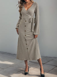 Hazel Blues® |  Perfee Ribbed Tied Surplice Long Sleeve Dress