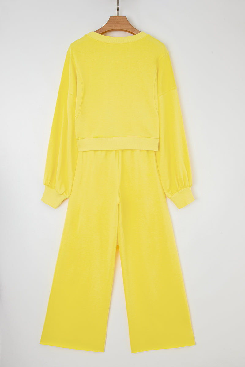 Hazel Blues® |  Yellow Cream Drop Shoulder Puff Sleeve Crop Pullover Drawstring Wide Leg Pants Set