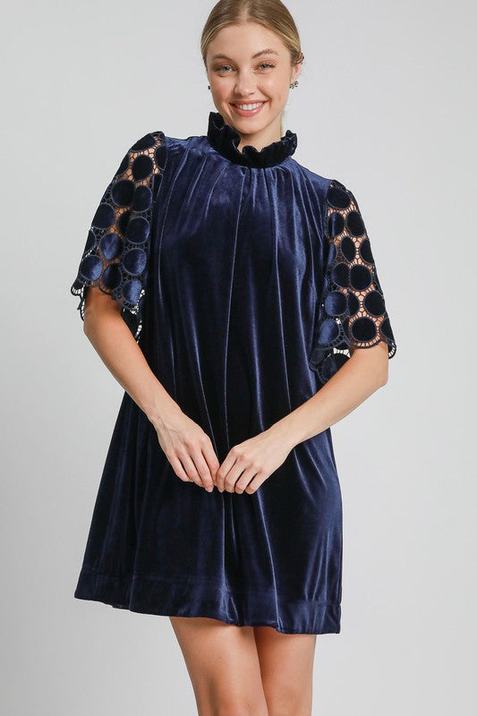 Hazel Blues® |  Umgee Dotted Lace Half Sleeve Mock Neck Back Tie Velvet Dress