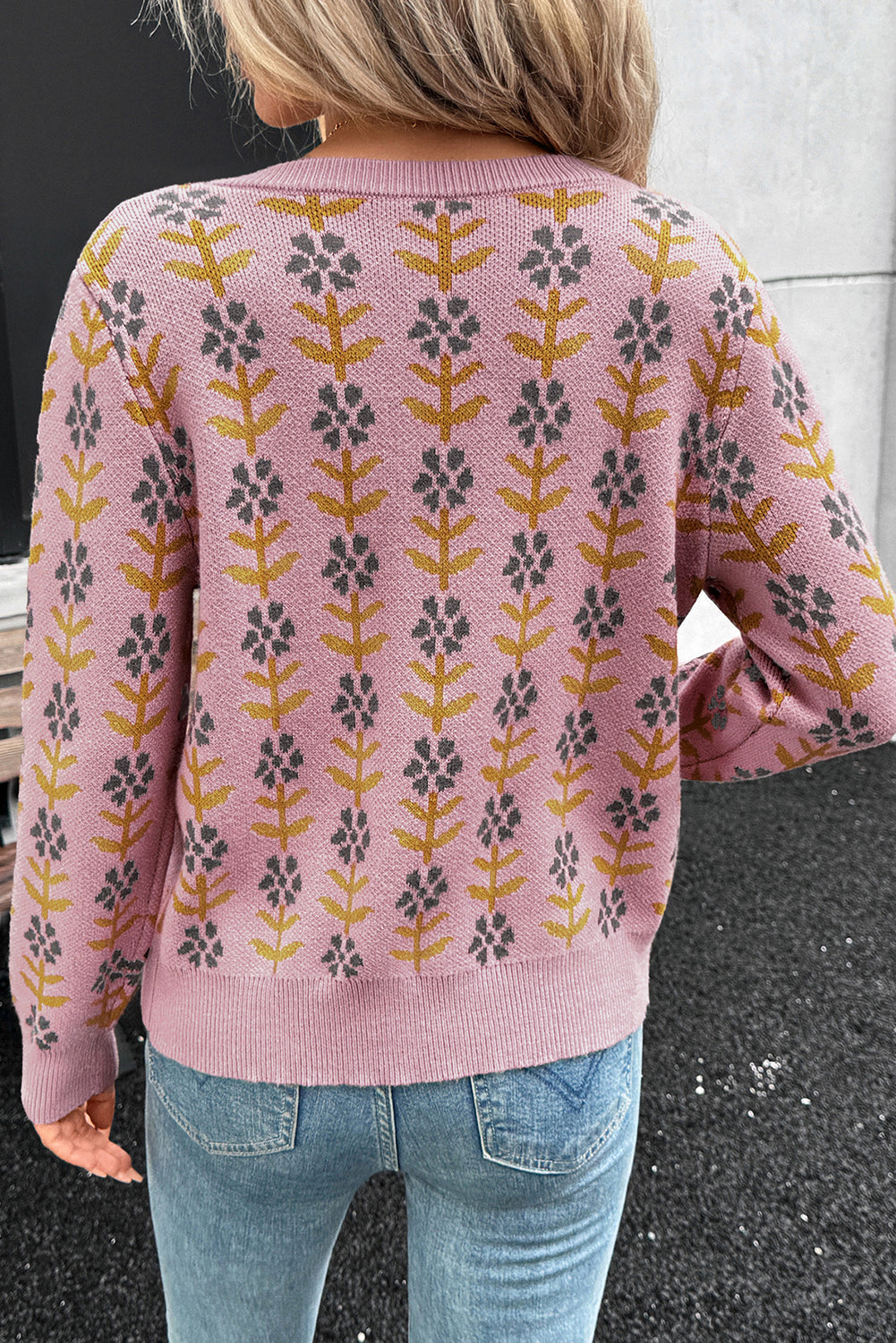 Hazel Blues® |  Pink Floral Button Down Ribbed Banded Cardigan Sweater