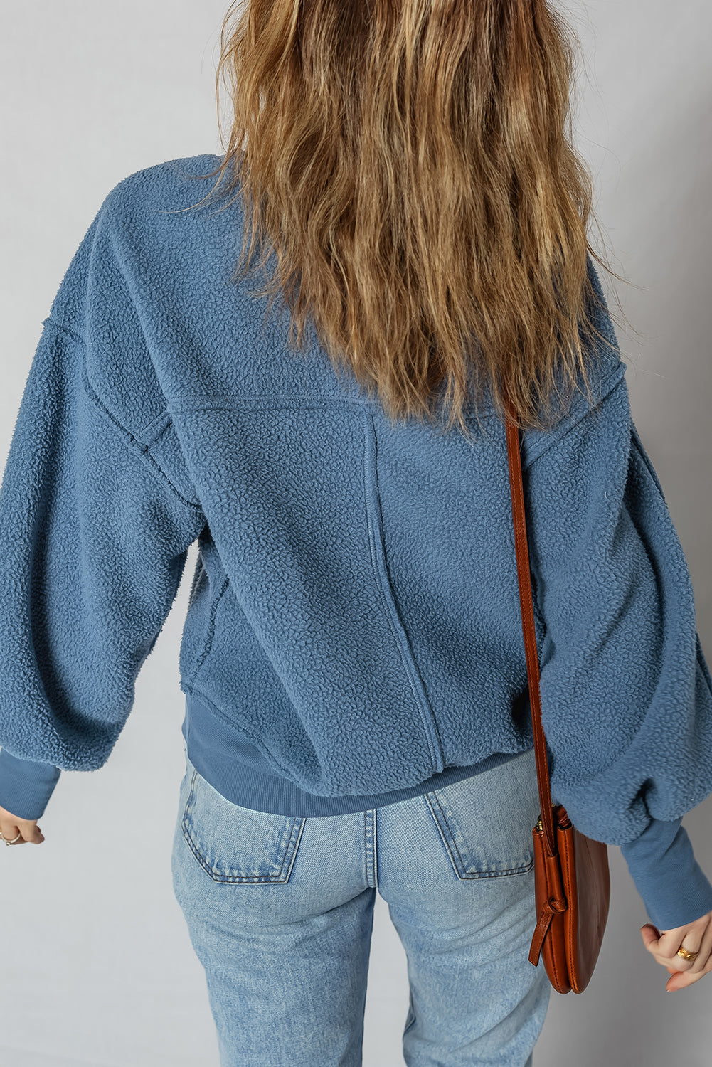 Hazel Blues® |  Sail Blue Fleece Drop Shoulder Exposed Seam Patchwork Casual Sweatshirt