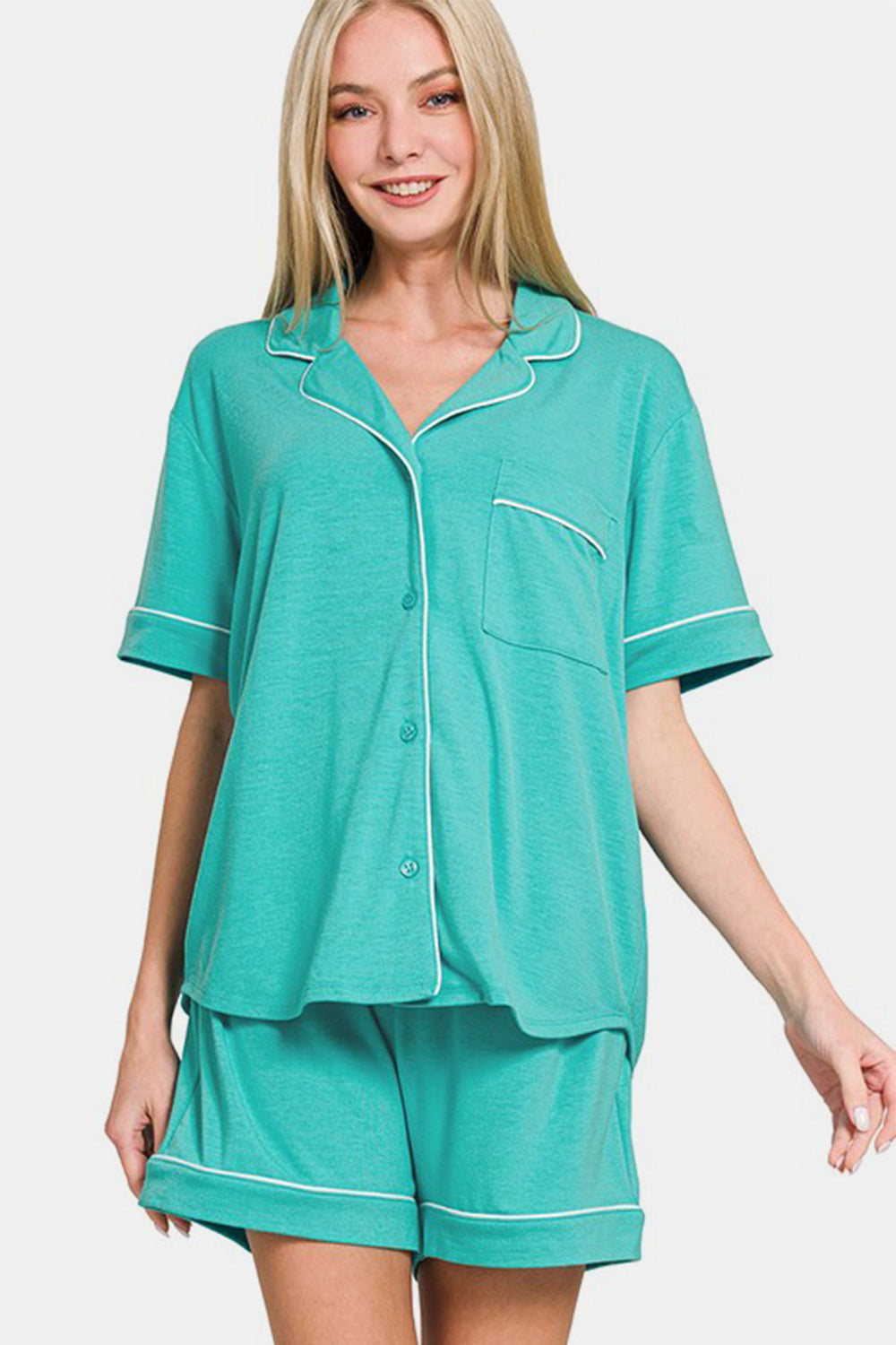 Hazel Blues® |  Zenana Button Down Short Sleeve Top and Shorts Lounge Set