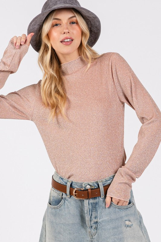 Hazel Blues® |  SAGE + FIG Glitter Mock Neck Lettuce Hem Long Sleeve Top