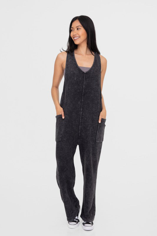 Hazel Blues® |  Mono B Mineral-Washed V Neck Overalls with Pockets