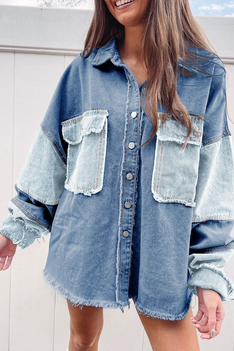 Hazel Blues® |  Raw Hem Color Block Denim Jacket