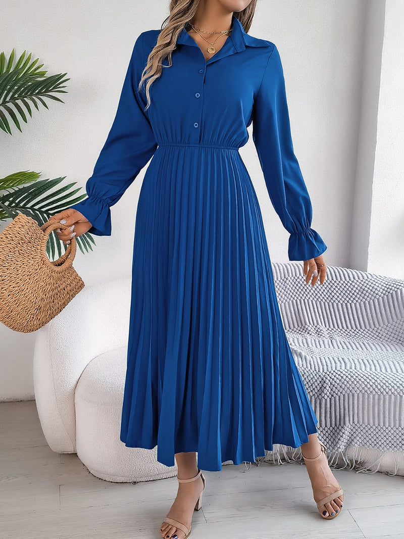 Hazel Blues | Pleated Half Button Long Sleeve Midi Dress Hazel Blues | Pleated Half Button Long Sleeve Midi Dress
