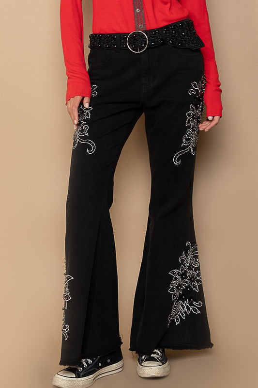 Hazel Blues® |  POL Raw Hem Embroidered Flare Pants