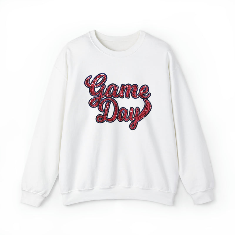 Hazel Blues® |  Game Day Faux Chenille Sequin Patches Sweatshirt: Red & Navy