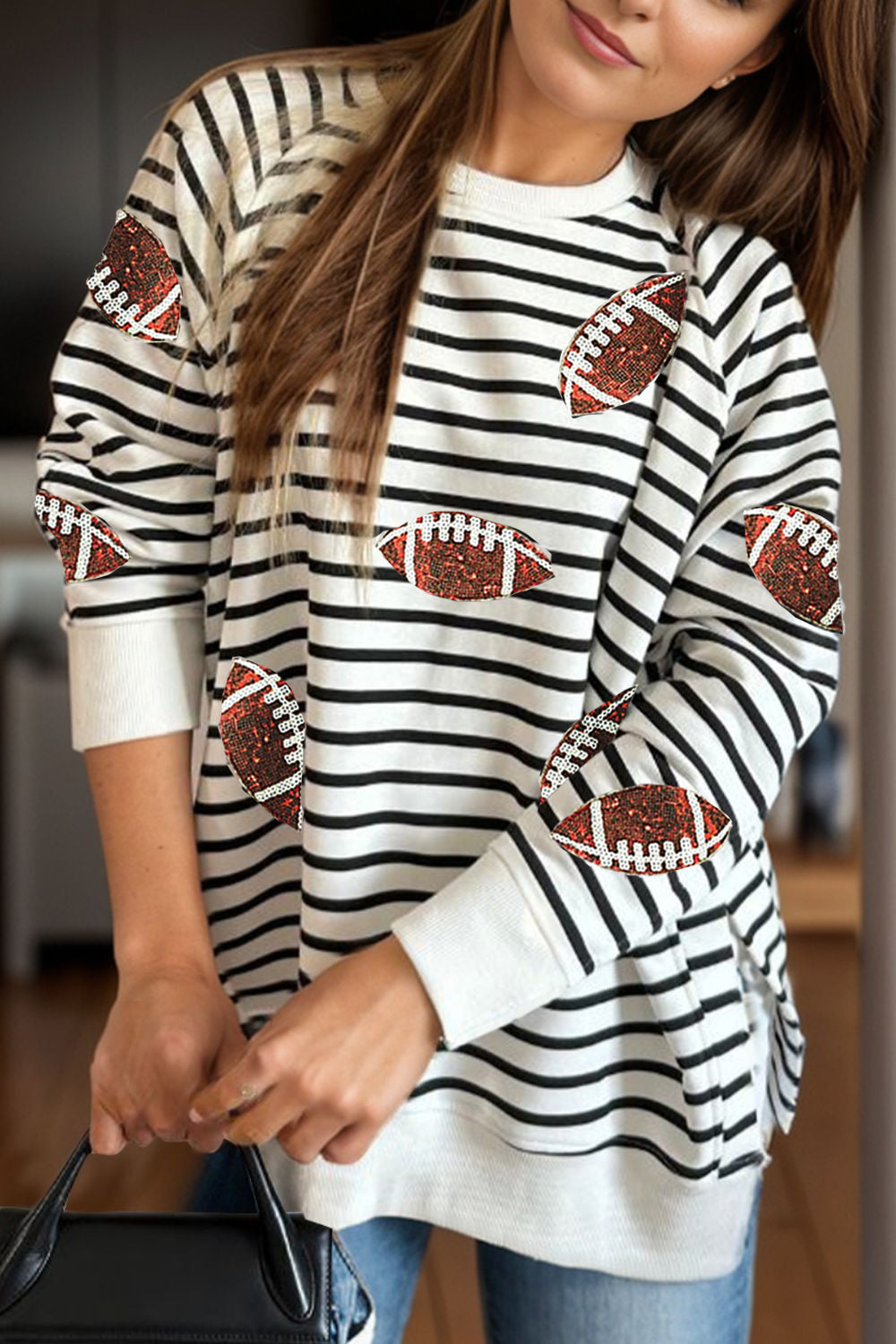 Hazel Blues® |  Sequin Football Striped Long Sleeve Sweatshirt