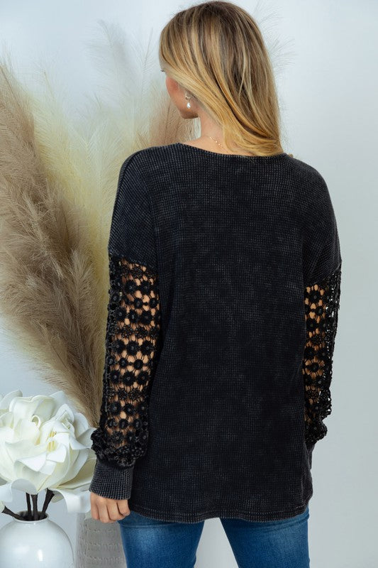 Hazel Blues® |  Thermal V-Neck Lace Long Sleeve Top in Black