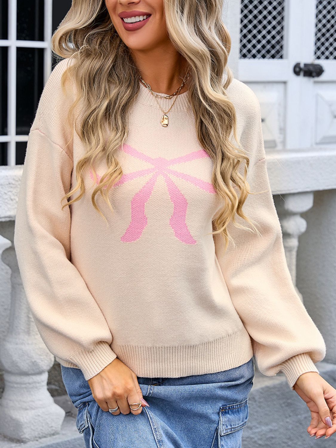 Hazel Blues® |  Bow Graphic Round Neck Long Sleeve Sweater