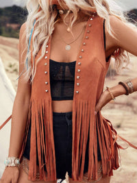 Hazel Blues® |  Fringe Studded Open Front Vest Coat