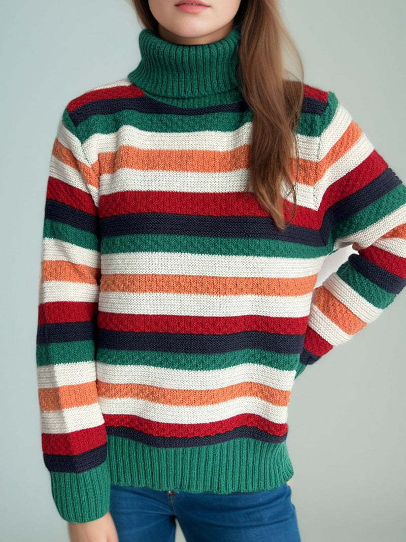 Hazel Blues® |  Contrast Stripes Turtleneck Long Sleeve Sweater