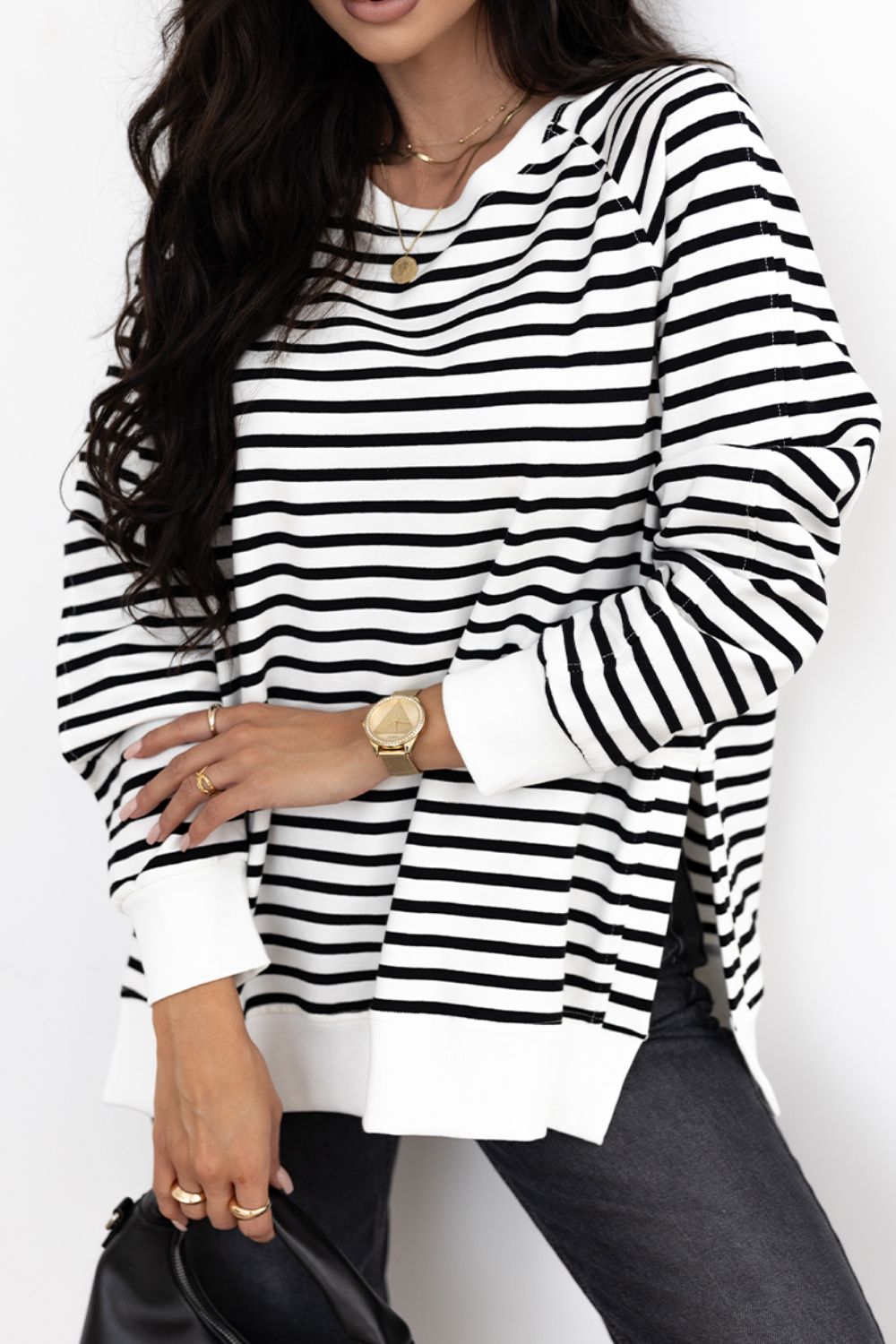 Hazel Blues® |  Side Slit Stripe Raglan Sleeve Sweatshirt