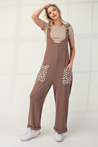 Hazel Blues® |  Celeste Ribbed Leopard Tied Shoulder Overalls