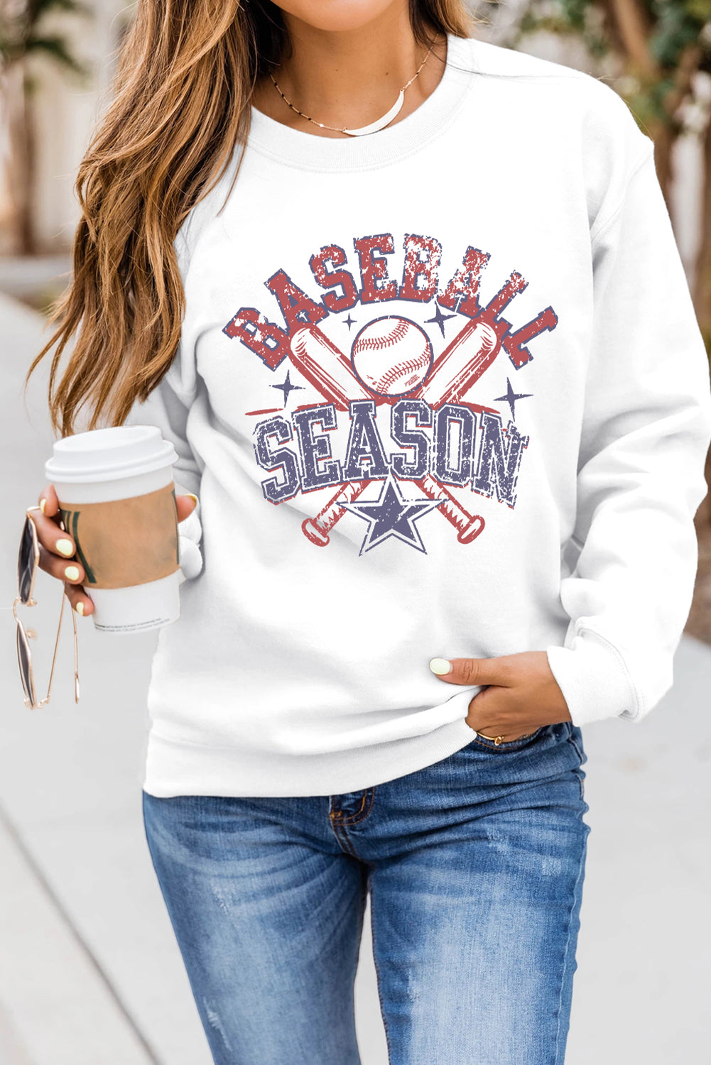 Hazel Blues® |  White BASEBALL SEASON Vintage Print Graphic Sweatshirt