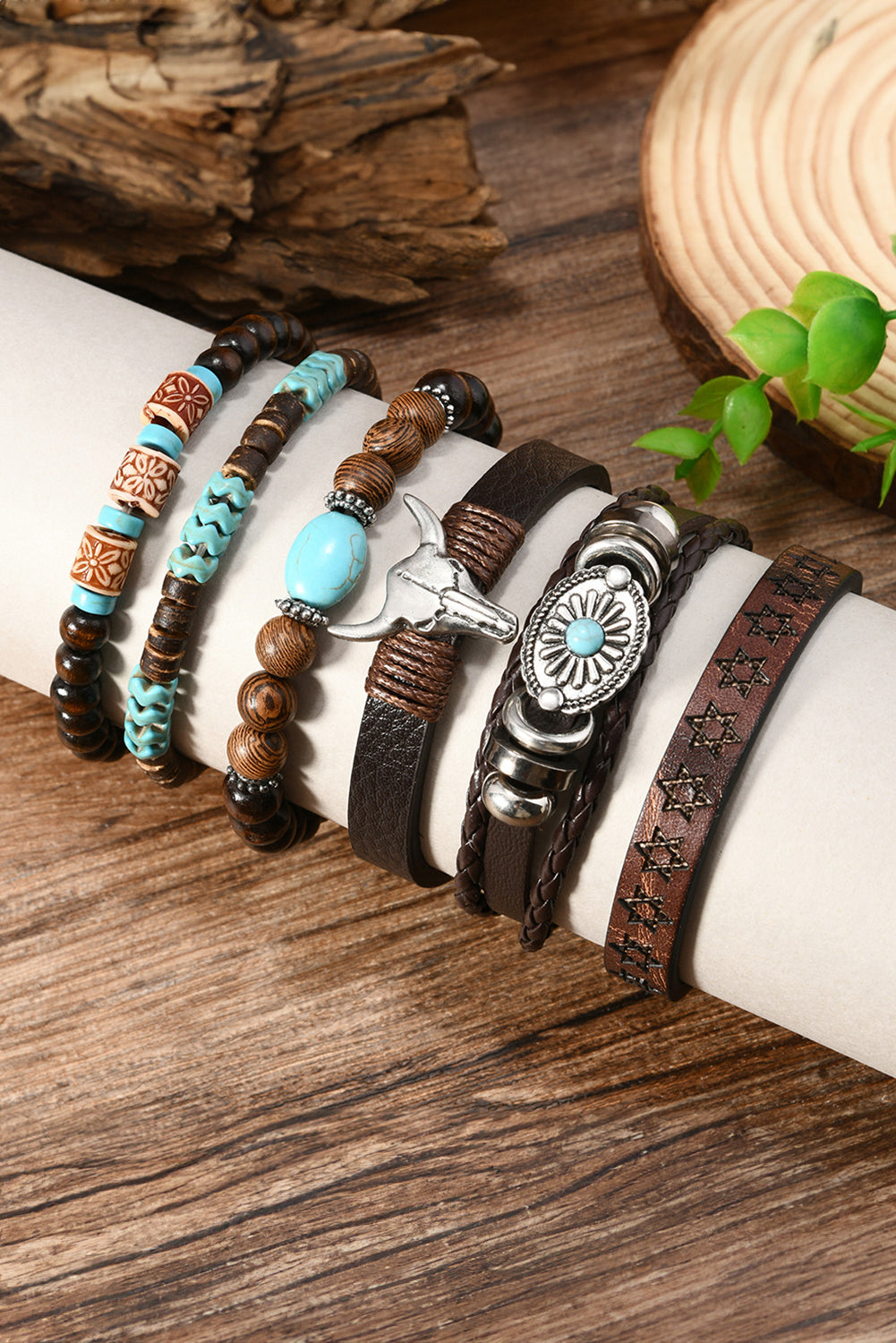 Hazel Blues® |  Chestnut 6 Piece Western Bull Skull Turquoise Beading Bracelet