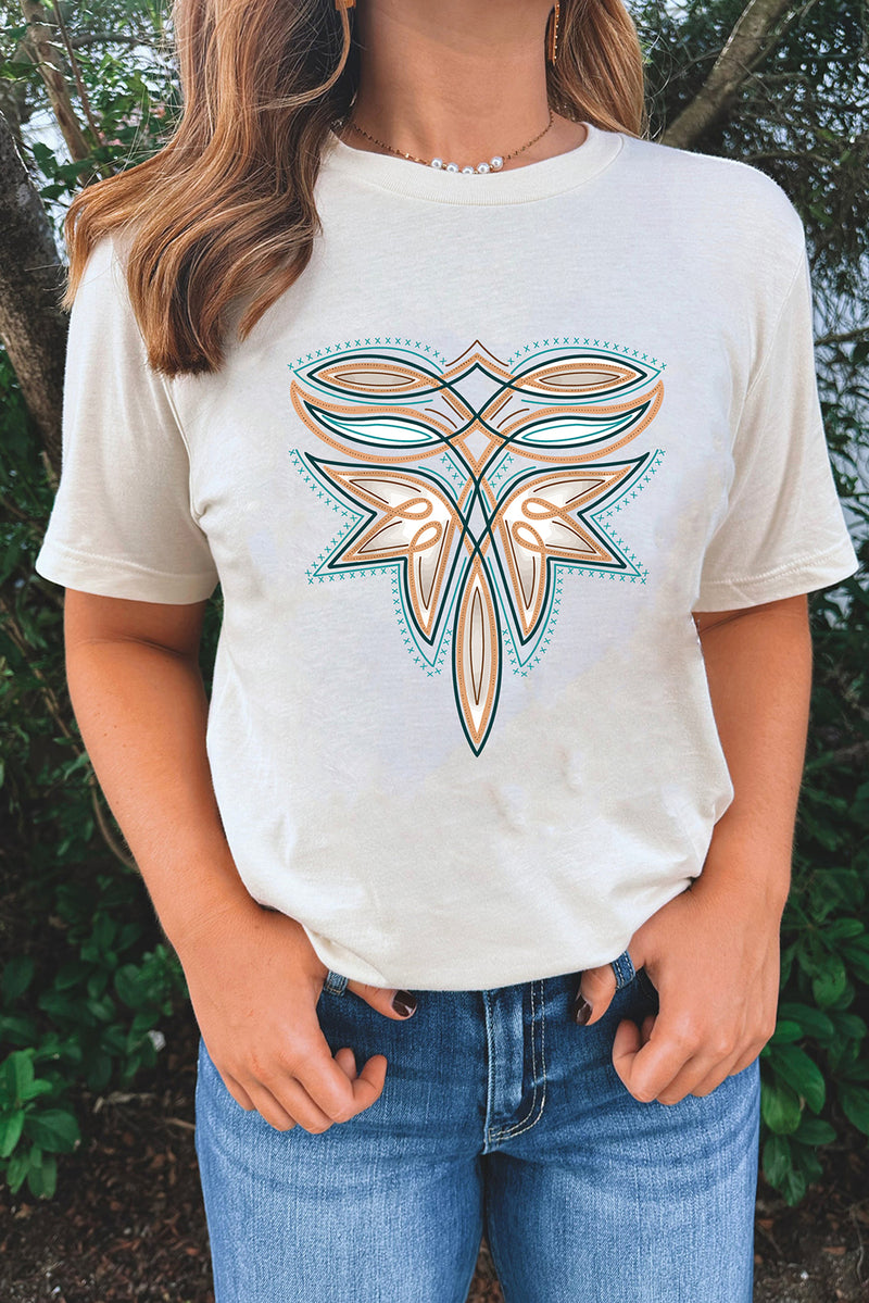 Hazel Blues® |  White Western Stitch Pattern Printed Cotton Blend Tee
