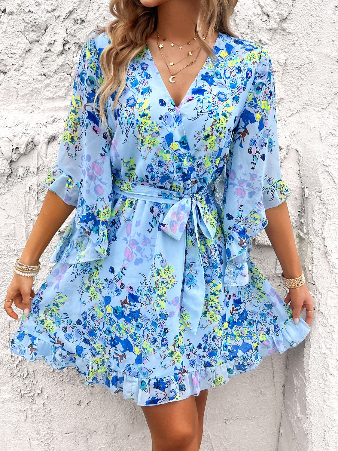 Hazel Blues® |  Ruffled Printed Surplice Half Sleeve Mini Dress