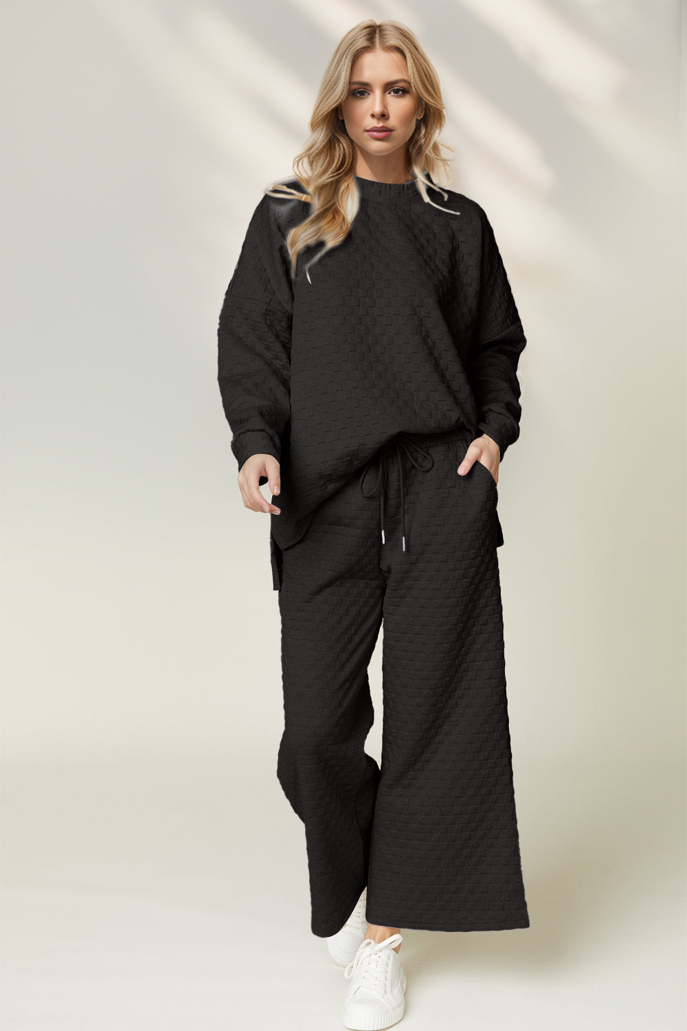 Hazel Blues® |  Double Take Checkered Slit High-Low Round Neck Top and Wide Leg Pants Set