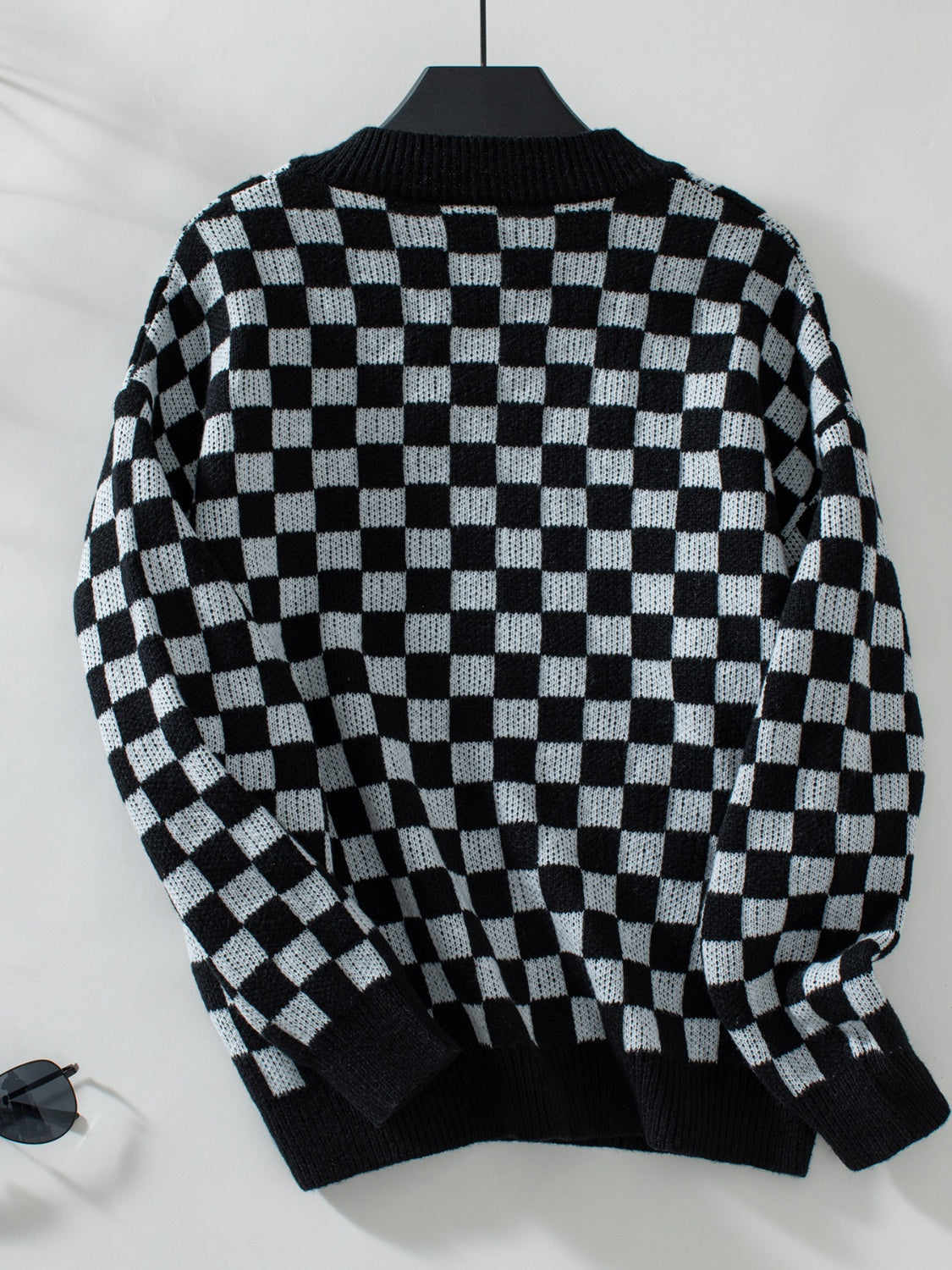 Hazel Blues® |  Checkered V-Neck Dropped Shoulder Sweater